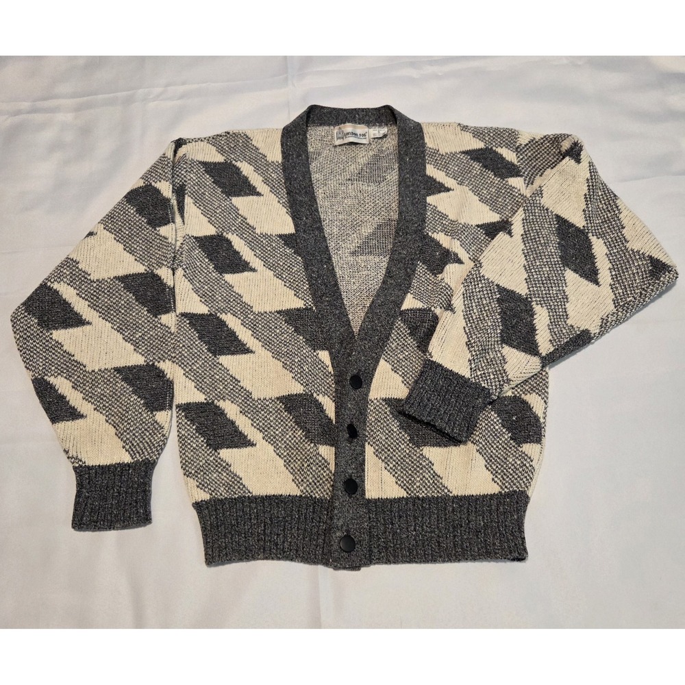 Vintage London Fog Gray Cream 80s Geometric Cardigan Sweater Womens Size Small